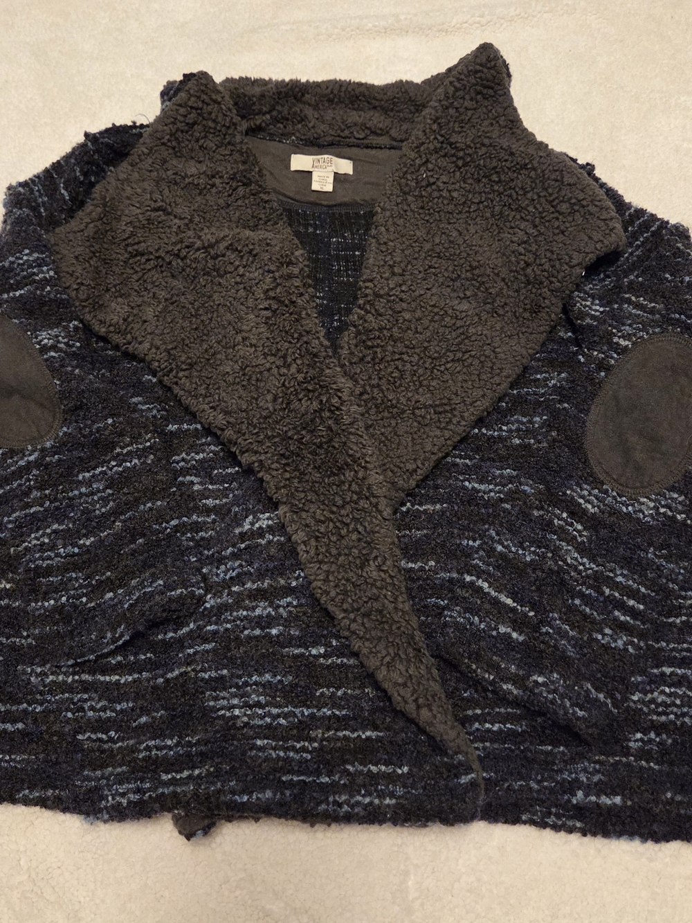 Vintage America Black Sherpa Collar Open-Front Cardigan with Navy Stripe